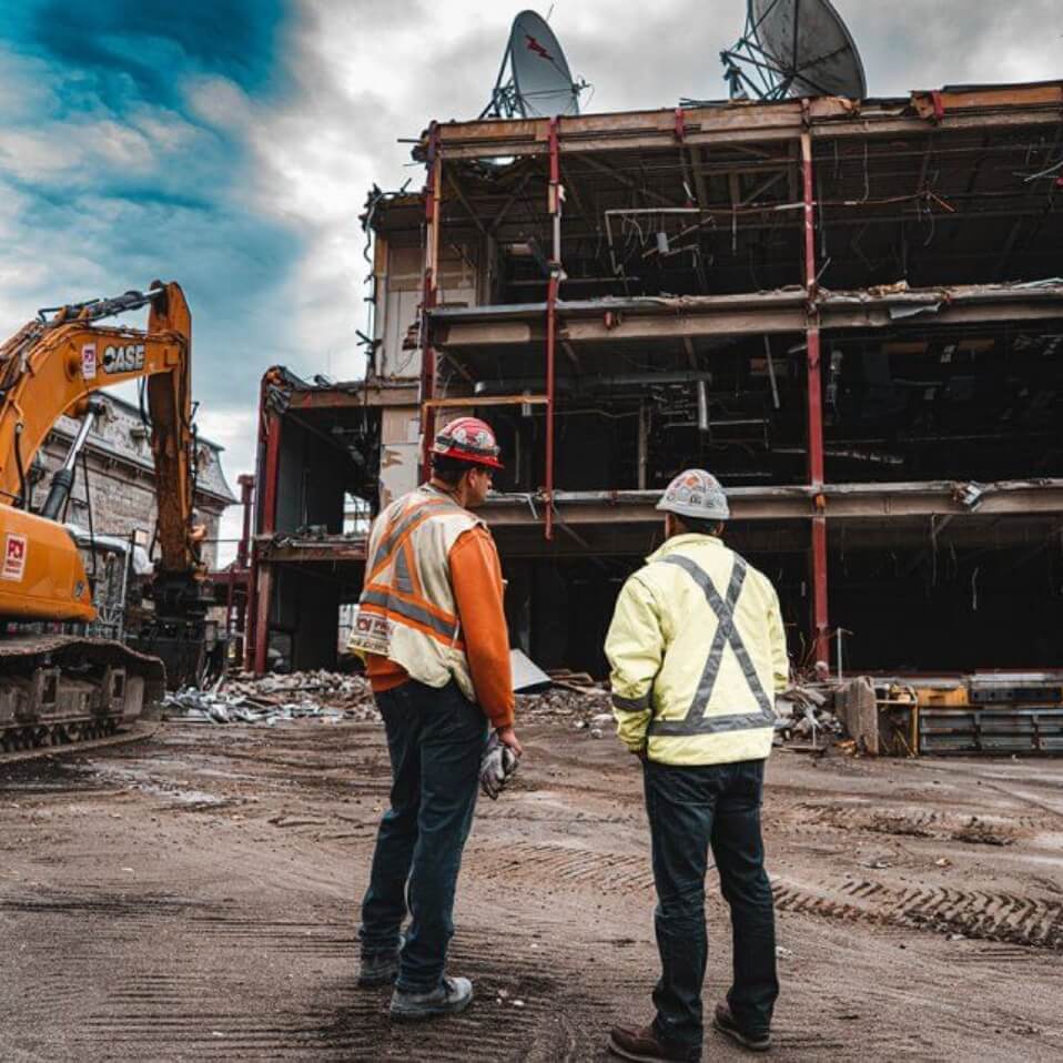 Two Priestly Demolition Employees Looking At A Semi-Demolished Building